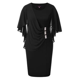 Elegant Black Dress with Draped Sleeves and rhinestone accents Large